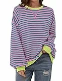DUOEASE Pullover Damen Rundhals Sweatshirt Gestreift Oversize Pullover Herbst Winter Lässige Oberteile(Grün-Rose,XL)