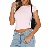 Damen Kurzarm Shirt Slim Fit Basic T-Shirt Sommer Oberteil Bluse Hellrosa-B L