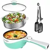 Audecook Elektrische Hot Pot mit Dampfgarer, 1.7 L/20cm Elektrischer Bratpfanne Hotpot Topf Antihaft Mini Elektropfanne, Multikocher für Wohnheim Ramen, Steak (H (grün/1,7 l mit Dampfgarer))
