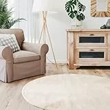 Interiyou Fargo - Teppich Wohnzimmer 120x120 cm Rund Beige - Kurzflor Waschbar und rutschfest - Flauschiger Fellteppich aus Kunstfell - weicher Langflor Fell