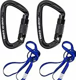 Karabiner Klettern Kletterausrüstung, 2 Stück UIAA-Zertifiziert 25KN Auto Locking Kletterkarabiner Clips +2 Stück 22KN Nylon Seil，zum Klettern, Bergsteigen, Wandern (4-teiliges Kostüm rein schwarz)