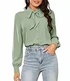 Kate Kasin Elegant Damen Bodysuit Bluse Schleifendekoration Langarm Bodysuit Büroarbeitshemd, lässige Oberteile Hellgrün XL