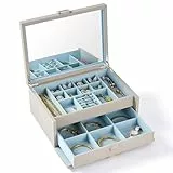 Vee Schmuckkästchen,Schmuckaufbewahrung mit großer Spiegel,2 Ebenen Schmuckschatulle Schmuckkasten mit Deckel,PU Leder Schmuck Organizers mit Schubladen,Geschenkbox für Damen Mädchen(Grau)