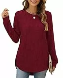 XIEERDUO Pullover Damen Strickpullover Sweatshirt Langarmshirt Herbst Tunika Tshirt Elegant Oberteile Top Burgunderrot L
