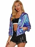 Allegra K Holografische Party-Jacke für Damen, schimmernd, glänzend, leicht, mit Reißverschluss und Kapuze, Metallic, Blau/Violett, L