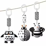 Aolso Kinderwagen Spielzeug, 3Pcs hängendes Rasselspielzeug, schwarz-weißes Spielzeug, Baby-Hängespielzeug, Neugeborenes Autositz-Spielzeug für Jungen und Mädchen, sensorisches Lernspielzeug