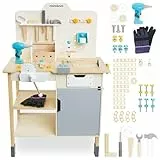 mamabrum, große Holzwerkstatt mit Werkzeugen XXL – Bausatz, 74 Elemente, Arbeitstisch, Bohrmaschine werkbank Kinder ab 2 Jahre werkbank Kinder