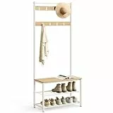 VASAGLE Garderobenständer, Kleiderständer mit Schuhablagen, Schuhregal mit Sitzfläche, für Flur, mit Haken, 3 Ablagen, aus Metall, Höhe 177 cm, modern, eichenfarben-weiß HSR041W09