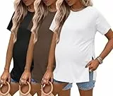 Ekouaer 3 Pack Damen Kurzarm Umstandsshirt mit Geteiltem Saum Schwangere T-Shirts Umstandsmode Braun + Weiß + Schwarz M
