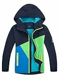 YOUNGSOUL Kinder Regenjacke mit Farbblock Mädchen Jungen Softshelljacke Übergangsjacke Win und Wasserdicht Windjacke mit Kapuze Dunkelblau DE: 116-122 (Herstellergröße 120)