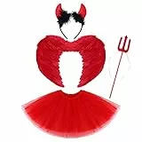 Kinder Mädchen Teufel Kostüm Teufelin Engelsflügel Feder Flügel Hörner Stirnband Tutu Tüll Rock Teufelsgabel 4tlg Set Für Halloween Dämon Cosplay Fasching Karneval Mottoparty Verkleidung Rot Teufel