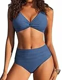 Ekouaer Bikini Damen Set Sexy Oberteil und Höschen High Waist Bademode Bauchweg Marine Blau XL