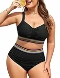 UMIPUBO Bikini Damen Set Große Größe Badeanzug Zweiteiler Bauchweg High-Waist Bademode Push Up Große Brüste Oberweite Bunte Gürtelbänder Badebekleidung Schwarz Blau Grasgrün L-4XL