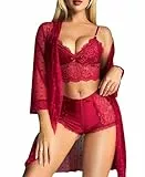 RSLOVE Sexy Dessous Set für Damen - Spitzen Unterwäsche Morgenmantel mit BH und Höschen Wein Rot L