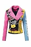Geschallino Damen Jacke Kunstleder Große Größen Graffiti Nietennieten Punk Blumen Moto Biker Mantel 0375Plus Rosa XL