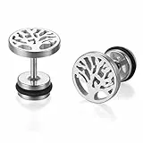 JewelryWe Schmuck Baum des Lebens Ohrstecker, Edelstahl Lebensbaum Runde Kreis Ohrringe für Herren Damen Tunnel Plug Ohrpiercing Barbell Stud Silber