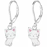 miimago Kinderohrringe Silber 925 Mädchen Creolen - Katzen Kätzchen - hängende Kinder Ohrringe Brisur - rosa weiß