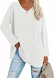 Ebifin Oversize Langarmshirt Damen Longshirt V-Ausschnitt Oberteil Langarm T Shirts Pullover Basic Tunika Tee Tops.Weiß.XXL