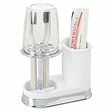 mDesign Zahnbürstenhalter mit Becher - hochwertiges Zahnputzglas mit Deckel für das Badezimmer - Zahnbürstenhalter und Zahnpasta aus Kunststoff - weiß und Silber