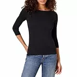 Amazon Essentials Damen T-Shirt mit Bateau-Ausschnitt und 3/4-Ärmeln in schmaler Passform, Schwarz, S