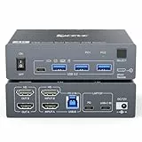 KVM Switch 2 PC 2 Monitore für 1 Laptop und 1 Desktop 4K@60Hz,USB C HDMI Dual Monitor KVM-Switches mit 4 USB 3.0 Port,80W PD Aufladung,USB-C Kabel,Verdrahtete Fernbedienung und 12V Netzteil Inklusive