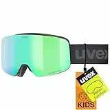 uvex pwdr FM - stylische, verspiegelte Skibrille mit weitem Sichtfeld und Anti-Fog-Beschichtung mit ausgewachsenen Features für Kinder - black matt/green-clear - one size