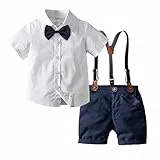 Odizli Baby Anzug Junge Hochzeit Kinder Festlich Kleidung Kurzarm Hemd+Fliege+Hosenträger+Shorts 4tlg Sommer Bekleidungssets Taufkleidung Taufanzug 1 geburtstag Outfit Dunkelblau Kurz 12-18 Monate