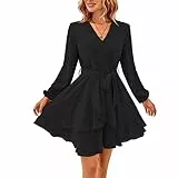 TcIFE Damen Kurz Kleid Langarm Casual V-Ausschnitt Tunika Kleider Einfarbig Rüschen Minikleid Swing Skater Hohe Taille Wickelkleid Chiffon