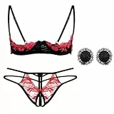 HOTSO Damen Dessous Set, Spitze Mesh Floral Unterwäsche, Sexy Babydoll 2 Piece Embroidered Demi Half Cup Push Up Bra Set, Verstellbare Strapsen Lingerie Sets BH und Slip