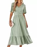 BebreezChic Sommerkleid Damen Lang Boho Elegant Kurzarm V-Ausschnitt Hohe Taille Swiss Dot Gerafft Blumen Strandkleid Maxikleid, Hellgrün M
