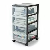 Iris Ohyama Kunststoff-Schubladenbox mit Rollen, 4 flachen Schubladen, Schwarz, Griffe zum Ziehen, Für Schlafzimmer, Bad, Schule & Büro, BPA-frei, Schubladenschrank, Rollcontainer, A4 Drawer, DC-004