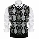 Sykooria Herren Argyle Pullunder V-Ausschnitt Strickweste Ärmellos Business Casual Gestrickt Baumwolle Slim Fit Herbst Winter Weste für Männer, 4-Schwarz Grau S