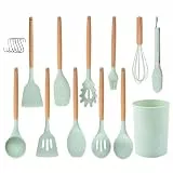 Küchenhelfer-Set 12-teilig Silikon-Kochutensilien-Set mit Holzgriff, hitzebeständig antihaftbeschichtet Kochgeschirr Zange Spatel Löffel-Set beste Küchenutensilien mit (Grün)