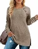 Cicy Bell Damen Langarmshirt Casual Henley Shirt Rundhals Pullover Obrteile Knopfdecor Seiten Schlitz Tunika Tops,Khaki,L