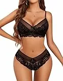 Avidlove Damen Dessous Set Sexy Spitze Unterwäsche Push up BH und Slip Sets 2-Pieces Babydoll Reizwäsche V-Ausschnitt Lingerie Schwarz S