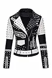 Giolshon Damen Kunstleder Jacke Nieten Floral Moto Biker Kurzer Revers Mantel 0376 Schwarz L