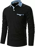 GNRSPTY Poloshirt Herren Langarm Basic Denim Nähen Casual Baumwolle Golf Tennis Poloshirts,Schwarz,3XL