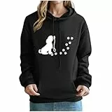 KOG Hoodie Damen Baumwolle Hooded Sweatshirt Katzen-Print Sweatshirt mit Kapuze 2025 Kapuzenpullover Teenager Mädchen Bekleidung Warmes Basic Frau Retro Oversize Hoodies Oberteile Schwarz L