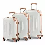 LEADZM Kofferset 3 teilig, Reisekoffer Set mit Eckenschutz, Koffer Set Hartschalen-Trolley aus ABS mit Teleskopgriff, Handgepäck, Kontrastfarben-Design (Cremeweiß)
