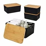 Relaxdays Aufbewahrungsbox, 2er Set, mit Deckel, Kunststoff & Bambus, mit Griffen, Organizer, HBT: 16x36x25 cm, schwarz