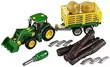 Theo Klein 3906 John Deere Traktor mit Holz- und Heuwagen I Schraubset inkl. Schraubendreher I Maße: 47 cm x 10,50 cm x 12 cm I Spielzeug für Kinder ab 3 Jahren