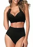 AOQUSSQOA Frauen Zweiteilige Tankini Badeanzüge High Waist Halfter Vintage Bikini Set Damen Bademode(Black, L)
