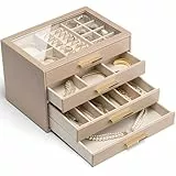 VLANDO Schmuckkästchen Groß mit 4 Ebenen, Schmuckkasten, Schmuck Organizer mit Glasdeckel, für Halsketten, Ohrringe, Uhren, Armbänder, Schmuckaufbewahrung, Modern, Milchkaffee