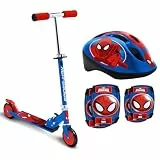 STAMP - ZUSAMMENKLAPPBARER Scooter - Spiderman & Helm mit einstellbaren Tailleneinstellungen + ELLBOGEN und KNIESCHÜTZER - Spiderman