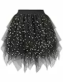 Hanpceirs Damen Tüll Röcke Layered Puffy Fee Röcke A-Linie Mini Rock Unregelmäßiger tüllrock Karneval Kostüm Schwarz Pailletten L