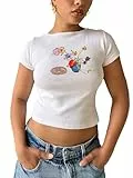 Y2k Top Damen T-Shirt Baby Tees Shirt Y2k Crop Top Kurzarm Slim Fit Weisses Tshirt E-Girls Vintage Oberteile Streetwear Cute Tops Teenager Mädchen (DE/NL/SE/PL, Alphanumerisch, S, Regular, Kurz, G)