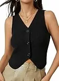TZLDN Pullunder Damen Ärmellos Elegant Weste mit Knöpfen Strick V Ausschnitt Lässig Lose Strickweste Anzugweste Pullover Jacke Herbst Oberteile Pulli Schwarz L