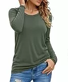 Crewhpo Langarmshirt Damen Lockerer Top Basic Oberteile Thermo Einfarbiges mit Rundhals T-Shirts Frauen Longsleeve Langarm Blusen Elegant Shirt für Herbst Winter Grün