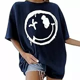 CMTOP Tshirt Damen Oversize T Shirt Rundhals Kurzarm Oberteile Lose Longshirt Casual Sommer Tops Einfarbig Baumwolle T-Shirt Gedruckt Lässig Tee Shirts Basic Tunika Bluse(Marineblau, S)