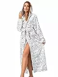 RONGTAI Damen-Bademantel aus Plüsch-Fleece, mit Kapuze, dick, mit Taschen, flauschige Nachtwäsche, Leopard, Small